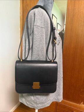 Quince Black Leather Shoulder Bag with Gold Hardware